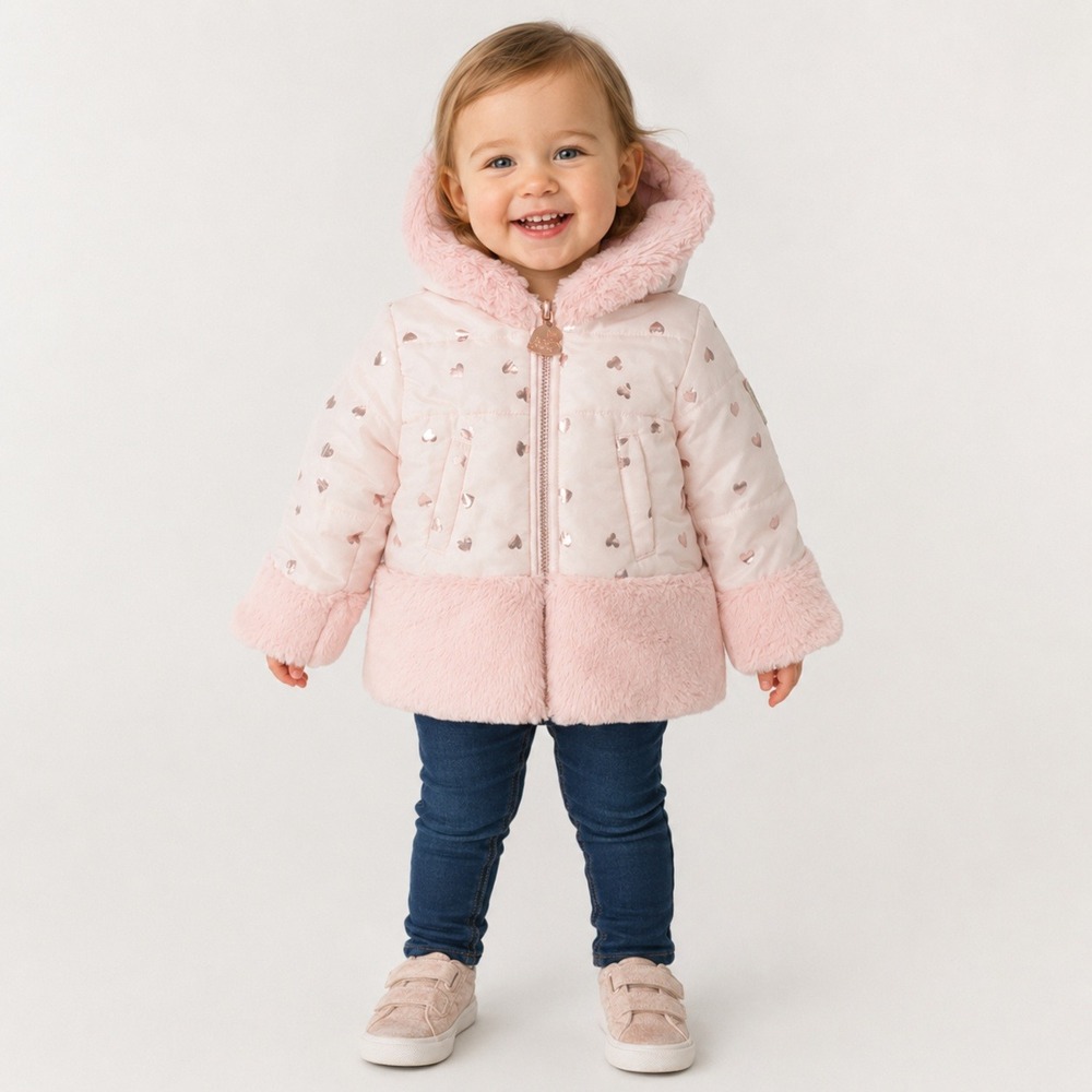 Betsey Johnson Baby Girls Puffer Coat Pink Hearts Faux Fur Hood 18M